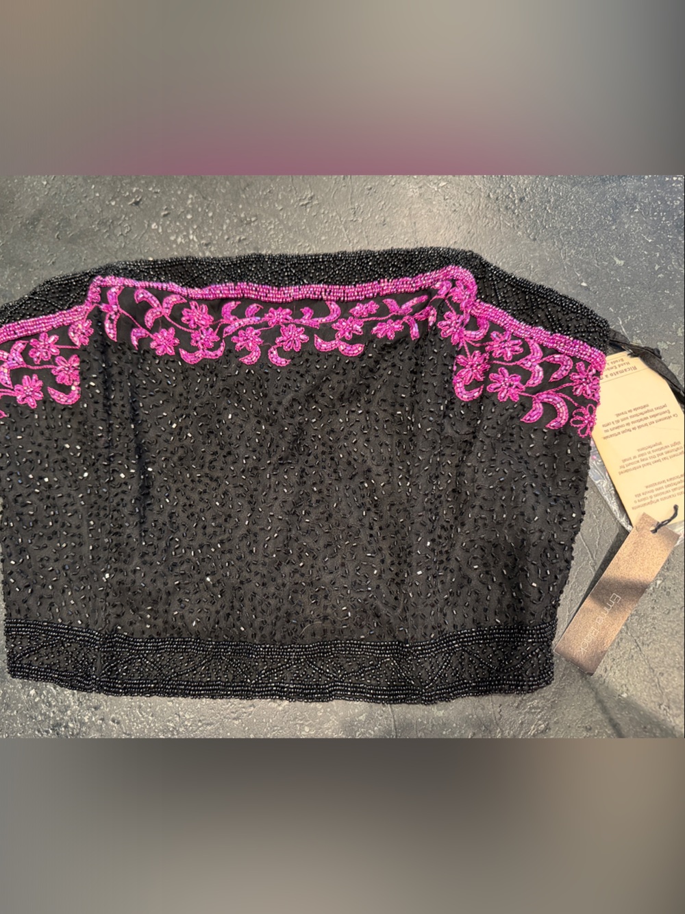 Black Beaded Camisole with Bright Pink Floral Embroidery